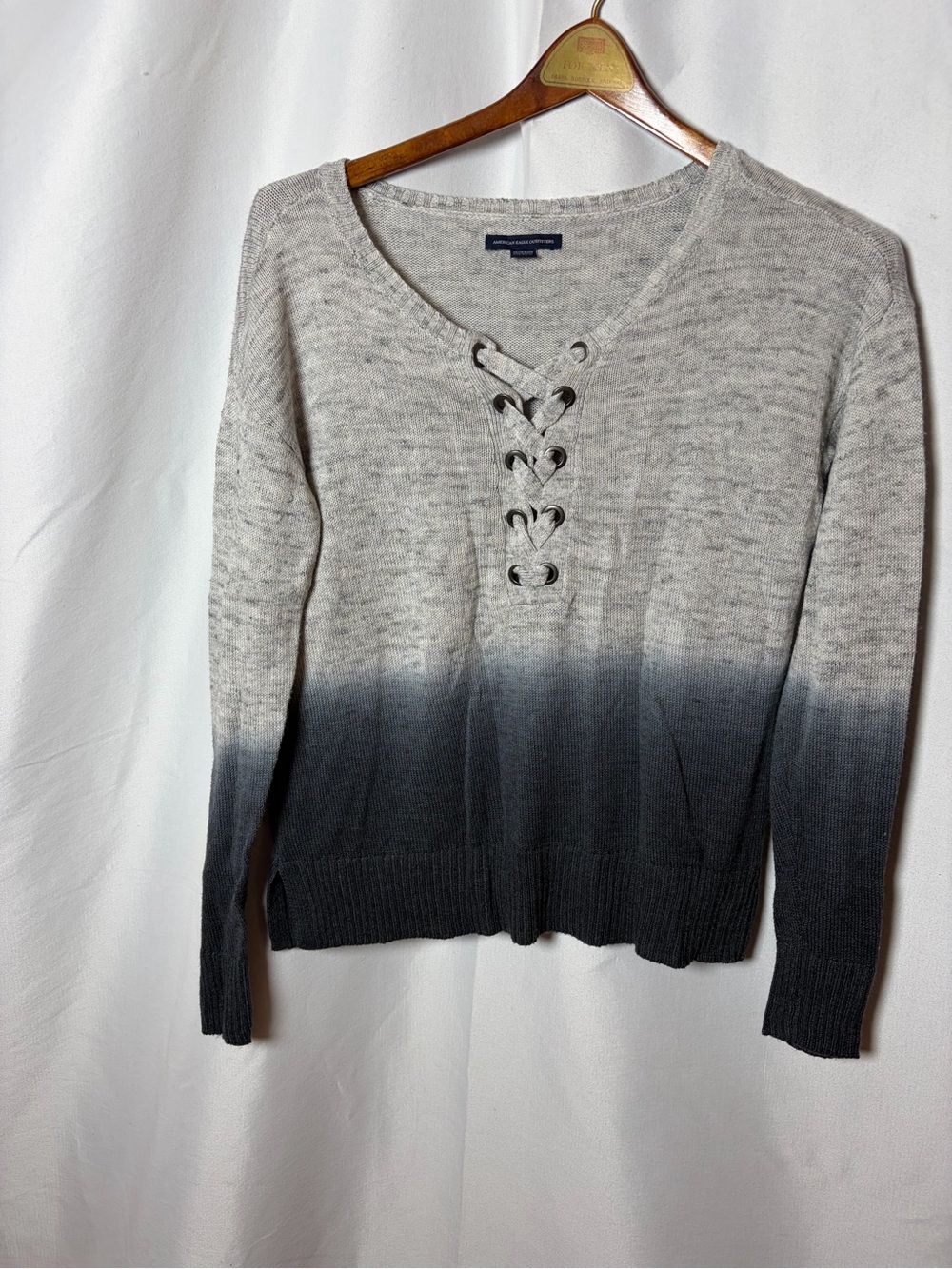 American Eagle Outfitters Ombre Lace-Up V-Neck Sweater - Light Gray to Charcoal